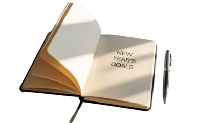 A close-up view of a notebook with New Year's Goals written on its open page, and a pen nearby.