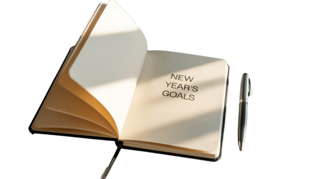 A close-up view of a notebook with New Year's Goals written on its open page, and a pen nearby.