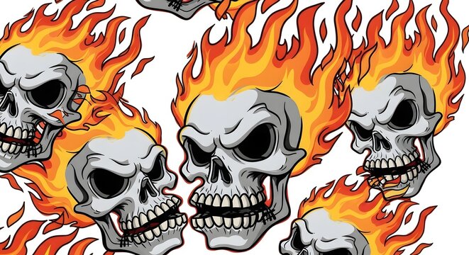 Colorful graphic illustration of flaming skulls with intense expressions on a white background