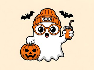 Cute cartoon ghost wearing a beanie and glasses holding a pumpkin and drink