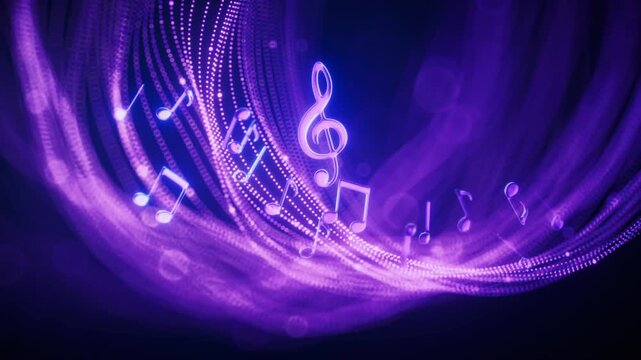 Music notes and glowing neon lines, 3d rendering.