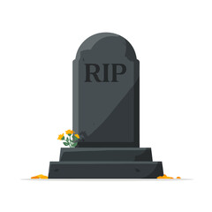 Cartoon Tombstone with RIP Inscription and Flowers Illustration.
