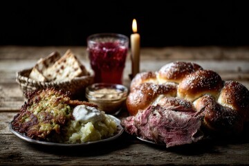 Authentic Hanukkah Food Spread with Traditional Latkes and Roasted Meat Premium Holiday Dining Table Setup for Family Marketing and Social Media Campaigns