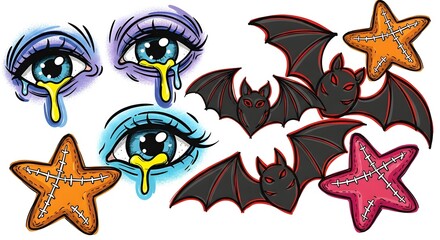 Colorful illustrations of eyes with tears, bats, and starfish, set against a vibrant background