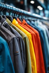 Row of colorful jackets on hangers inside boutique, blurred background, depth of field, bright lighting, focus on clothing line arrangement.