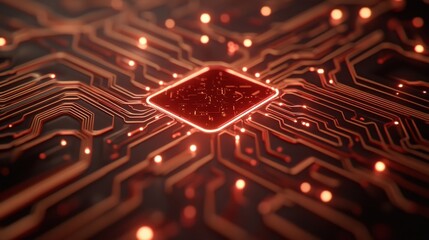 A close-up of a glowing circuit board with intricate patterns and a central chip, showcasing advanced technology in a vibrant, modern design.