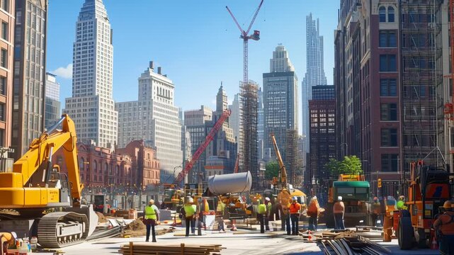 A construction site with a crane and a lot of workers. The workers are wearing safety gear. There are many trucks. A busy construction zone with workers operating heavy machinery