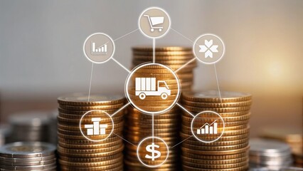 Stacks of coins with icons depicting logistics, finance, and growth, representing the concept of commerce and supply chain management.