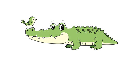 Fototapeta premium Friendly crocodile with a small bird perched on its head, smiling happily.