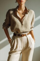 Minimalist fashion photography of linen shirt and beige trousers displayed in clean studio with neutral background, soft daylight, aesthetic composition, no face, focus on outfit texture.
