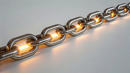 Metal chain with illuminated links creating a striking visual effect on a smooth surface.