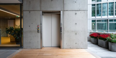 Modern Singapore City Elevator Closed in Contemporary Concrete Interior with Wooden Floor and Urban Red Flowers for Professional Real Estate Marketing