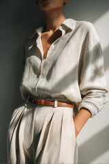 Minimalist fashion photography of linen shirt and beige trousers displayed in clean studio with neutral background, soft daylight, aesthetic composition, no face, focus on outfit texture.