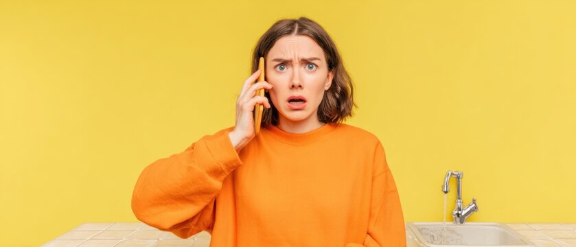 Modern Woman Calling for Emergency Plumbing Help Authentic Lifestyle Content for Home Repair Marketing and Digital Advertising - Powered by Adobe