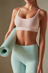 High quality photo of a woman's torso wearing pastel colored sportswear and leggings, holding a yoga mat. Neutral background, emphasis on fabric and fit. No face.