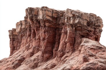 Fototapeta premium Eroded red rock formation, layered texture against white