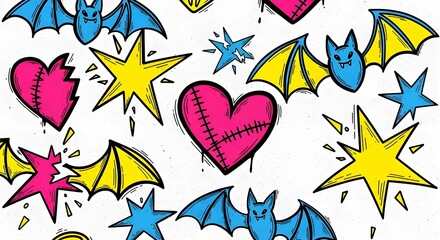 Colorful cartoon-style pattern featuring bats, hearts, and stars, suitable for playful designs and backgrounds