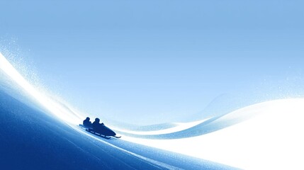 Minimalist illustration of a bobsleigh team sliding down a snowy slope under a blue sky.