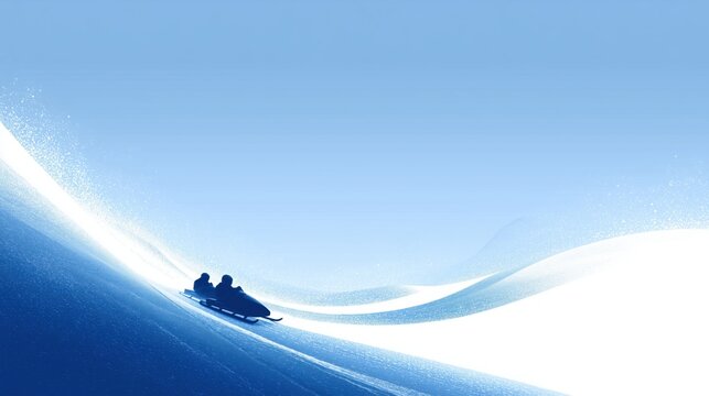 Minimalist illustration of a bobsleigh team sliding down a snowy slope under a blue sky.