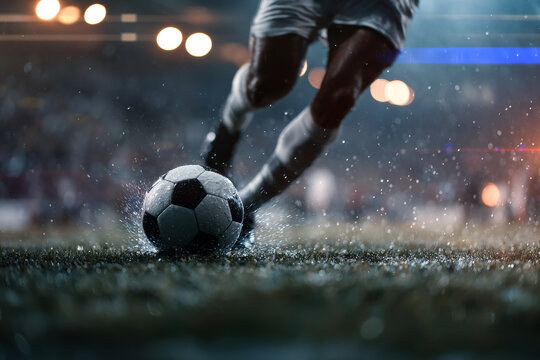 Football World Championship: Soccer Player Runs, kick the Ball. Grass Sprays Outwards, Full Stadium Crowd Cheers.