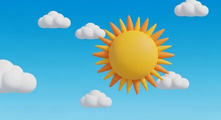Bright cartoon sun with clouds floating in a blue sky day