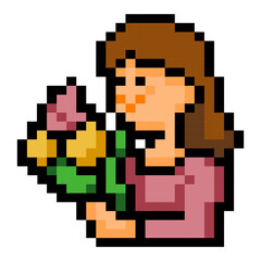 Pixel Art Woman Holding Flowers