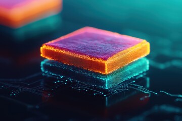 A close-up image of a vibrant electronic chip on a circuit board, showcasing intricate details and colorful illumination.