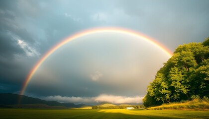 Fototapeta premium A vibrant rainbow arches across a dramatic sky with dark storm clouds breaking to reveal sunlight illuminating a lush green hillside.