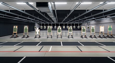 An interior of an empty shooting range with targets