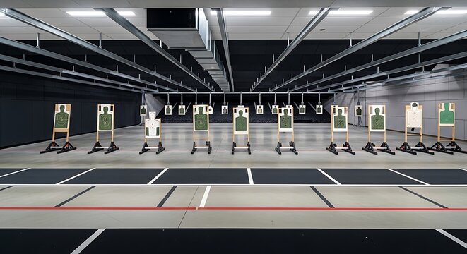 An interior of an empty shooting range with targets