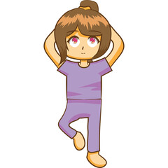 Pixel Art Of A Young Girl With Brown Hair And Purple Eyes Wearing A Purple Tunic And Pants Standing On One Leg With Hands Behind Her Head