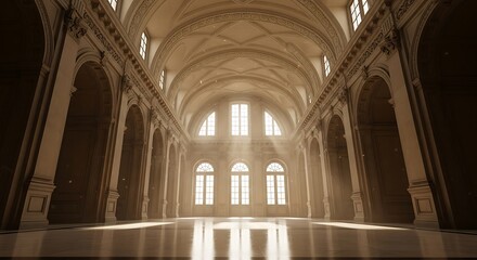 Fototapeta premium A spacious room features a high arched ceiling, giving it a grandiose feel