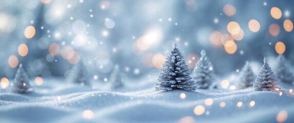 Naklejka premium Christmas winter blurred background. Xmas tree with snow decorated with garland lights, holiday festive background. Widescreen backdrop. New year Winter art design, wide screen holiday border