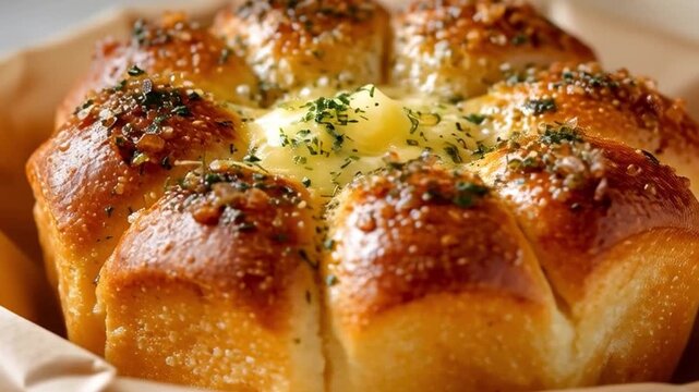Freshly Baked Garlic Butter Bread Roll with Herbs and Creamy Center