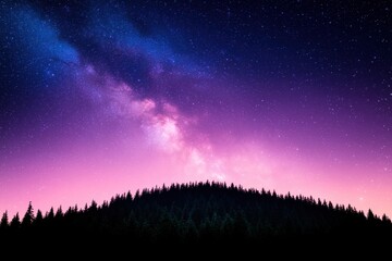Fototapeta premium A stunning night sky filled with stars and a vibrant purple hue, silhouetted against a forested hill, creating a serene and captivating atmosphere.
