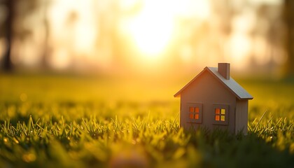 Small house on green grass with sunlight in the background.