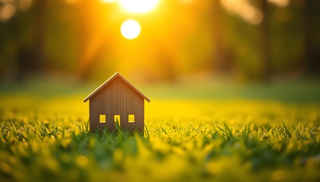 A small wooden model of a house sits in a lush green field with the warm sun setting in the background.