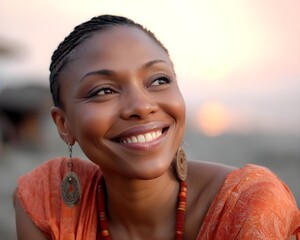 Joyful woman smiling at sunset with braided hair and earrings