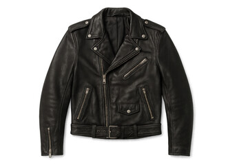 Naklejka premium Black leather motorcycle jacket for men, fashion apparel with metal zippers, showing rebel style and casual clothing