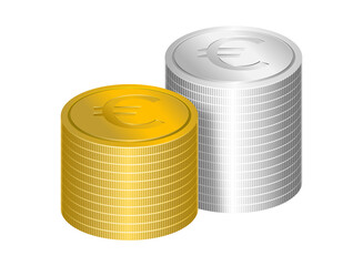 Two stacks of silver and golden coins with Euro currency symbol embossed on the faces, arranged in regular manner. Money concept, isolated on transparent.