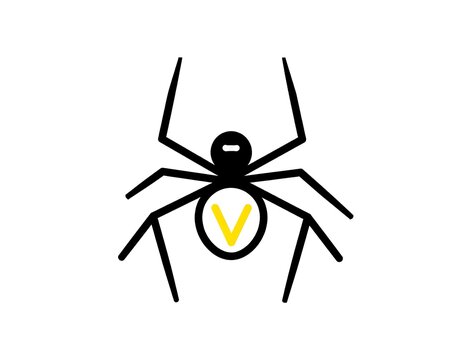 Black and white stylized spider graphic with yellow oval mark
