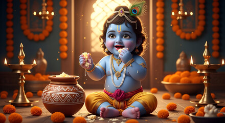 Adorable Baby Lord Krishna Eating Butter