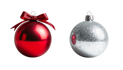 Dual Red and Silver Bauble Designs, isolated on transparent background 