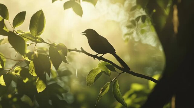 A bird is sitting on a branch of a tree. The branch is green and the bird is black. A delicate silhouette of a bird perched on a tree branches