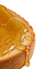 Golden Honey Drizzling Onto Toasted Bread Slice Macro Shot