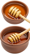 Golden Honey In Terracotta Bowl With Wooden Dipper