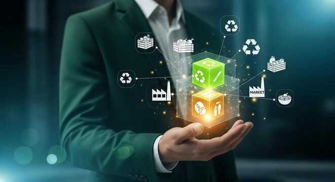 Dynamic presentation of sustainable supply chain solutions with glowing icons and modern design for eco-conscious business initiatives and technology