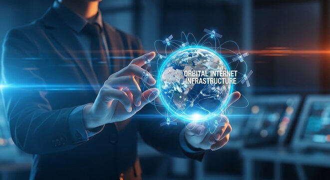 Orbital internet infrastructure presented with a modern digital globe and satellite network for telecommunications and global business solutions