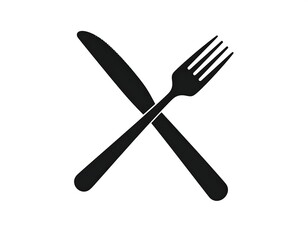 Black silhouette of crossed cutlery on a white background