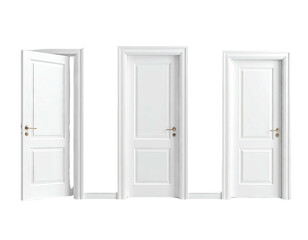 Three white panel doors, one open, against black